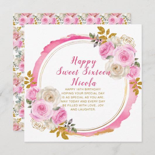 Helder Roze en Goud Elegante Bloemen Sweet Sixteen Kaart (Voorkant / Achterkant)