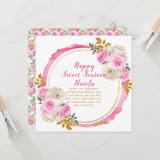Helder Roze en Goud Elegante Bloemen Sweet Sixteen Kaart (Voorkant / Achterkant in situ)