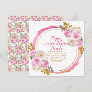 Helder Roze en Goud Elegante Bloemen Sweet Sixteen Kaart