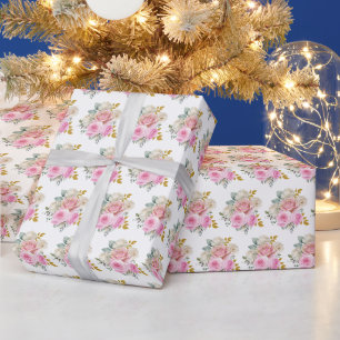 Helder Roze en Gouden Elegante Bloemen Cadeaupapier