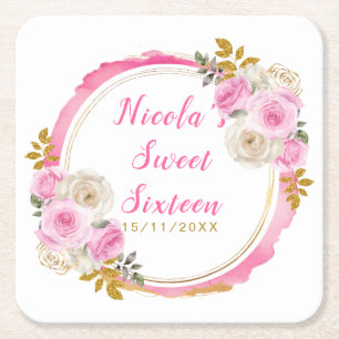 Helder Roze en Gouden Elegante Bloemen Sweet Sixte Vierkante Kartonnen Onderzetter