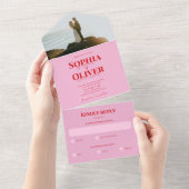 Helder roze en rode foto bruiloft all in one uitnodiging (Afscheurbaar)