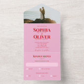 Helder roze en rode foto bruiloft all in one uitnodiging (Binnen)