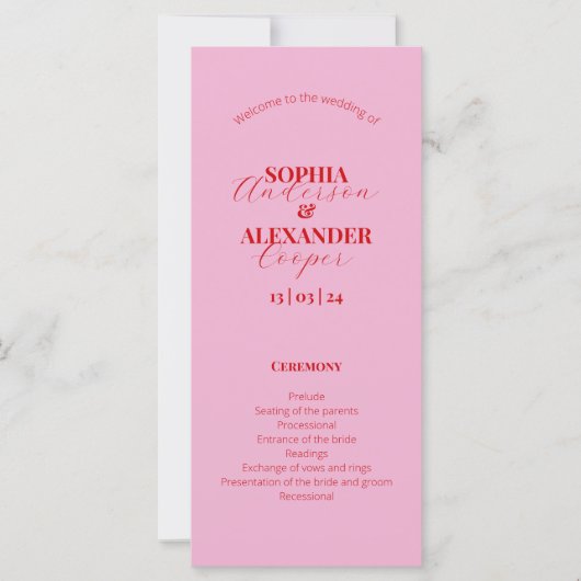 Helder roze en rood minimalistisch huwelijksprogra (Voorkant)