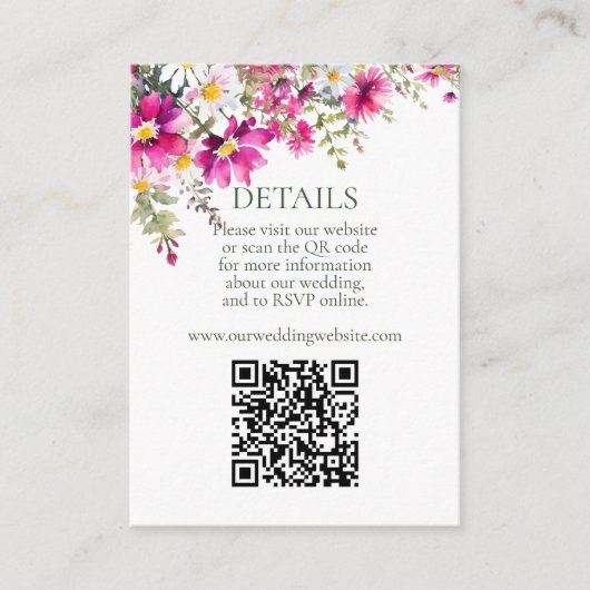 Helder roze Wildbloemen QR Code Bruiloft Details Informatiekaartje (Voorkant)