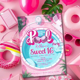 Helder Roze Zwembad Party Girly Sweet 16 Zestien Kaart