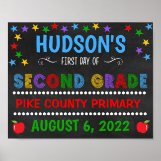 Helder schoolbord eerste dag van de tweede klas bo poster