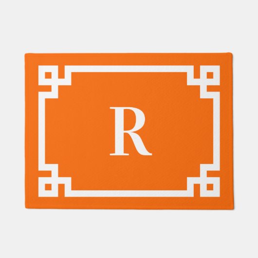 Helder Sinaasappel en wit Grieks Key Border Monogr Deurmat (Voorkant)