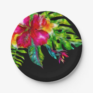 Helder Tropisch Bloemmotief Hibiscus Bladeren Luau Papieren Bordje
