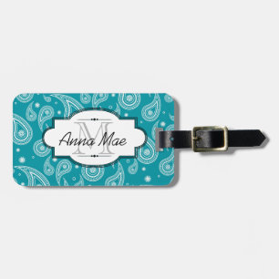 Helder turquoise en witte paisley bagagelabel