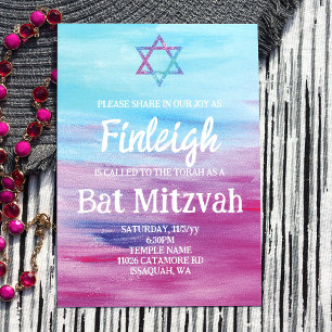 Helder Turquoise Hot Pink Glitter Star Bat Mitzvah Kaart
