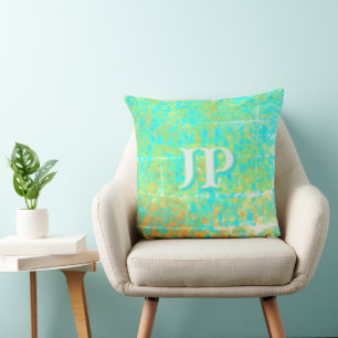 Helder Turquoise Vervaaide Oceaan Textuur Monogram Kussen