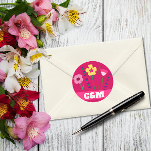Helder & vet roze kleurrijke bloemmonogram ronde sticker