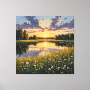 Helder vredige zonsondergang over een serene meer canvas afdruk