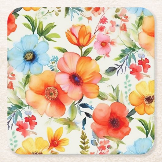 Helder vrolijk waterverf klaproos bloemenserviette vierkante kartonnen onderzetter (Voorkant)