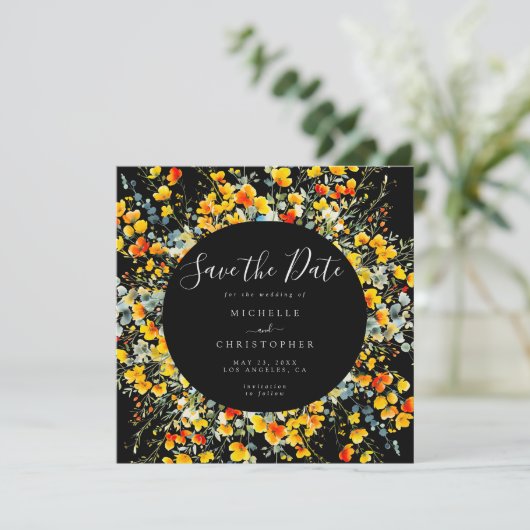 Helder zwart bloemenvierkant bruiloft save the date (Staand voorkant)