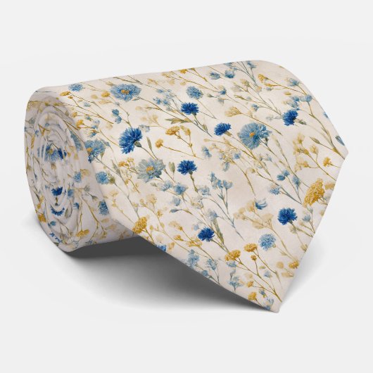 Helderblauw en gouden Wildflower bruiloft Stropdas (Opgerold)