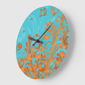 Helderblauw en Oranje Floral Wall Clock Grote Klok (Hoek)