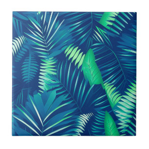 Helderblauw groen patroon met tropische bladeren tegeltje