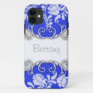Helderblauw met witte rozen gepersonaliseerd iPhone 11 hoesje