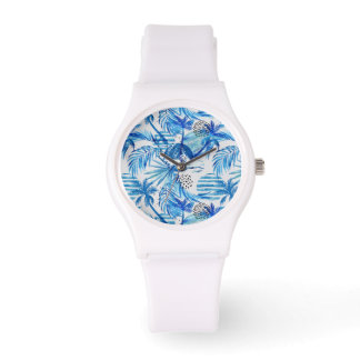 Helderblauw tropisch Waterverf Horloge
