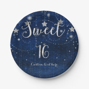 Helderblauw & Zilver Sterren Sweet 16 Feest Papieren Bordje
