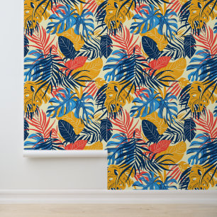 Helderblauwe gele zomer tropische palmbladeren behang
