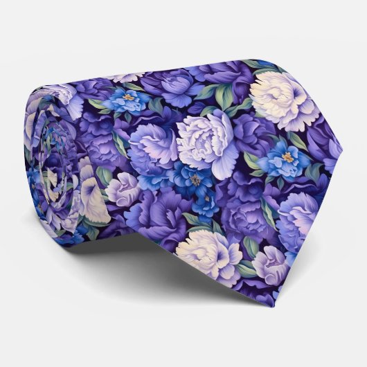 Helderblauwe paarse witte bloemen stropdas (Opgerold)