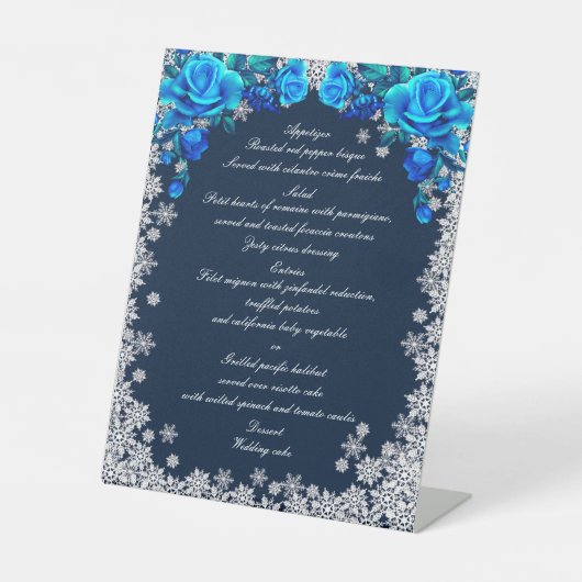 Helderblauwe Rozen Snowflake Kerst Trouwmenu Reclamebord Met Voetstuk (Voorkant)