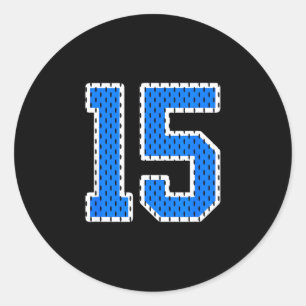 Helderblauwe sportieve nummer 15 sporttrui shirt ronde sticker