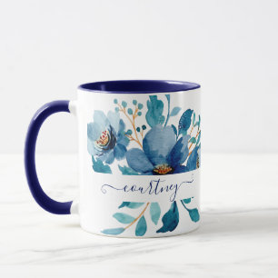 Helderblauwe waterverf bloemstuk gepersonaliseerd mok