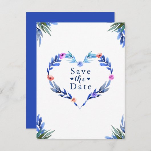 Helderblauwe Waterverf van het hart De datum opsla Aankondigingskaart (Voorkant / Achterkant)