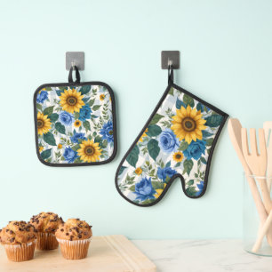  HELDERBLAUWE WITTE LENTEBLOEMEN OVENWANT & PANNENLAP SET