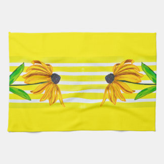 Helderblauwe Zonnebloem & Gele Gestreepte Decorati Theedoek