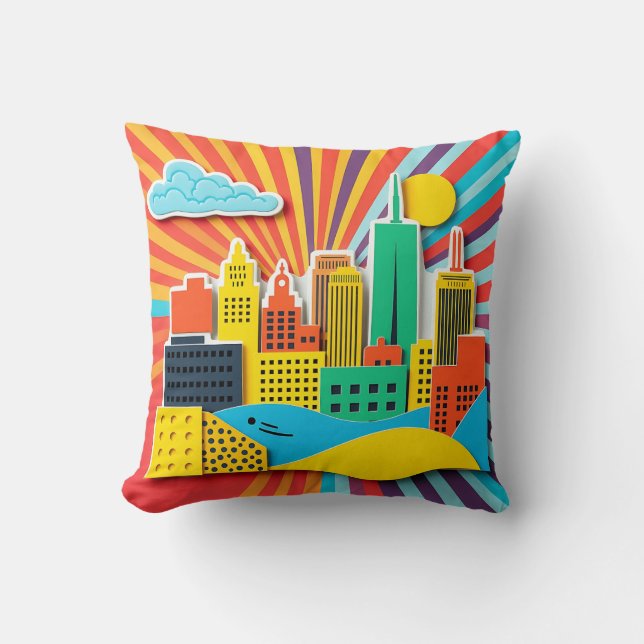 Heldere 1960s Style Cityscape Collage Kussen (Voorkant)