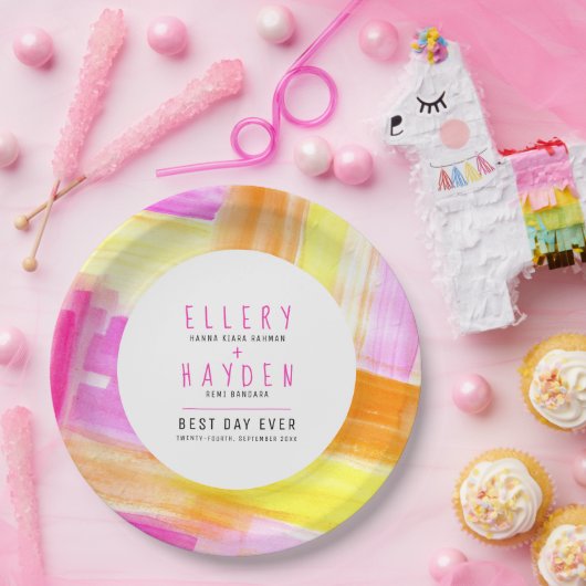 Heldere abstracte kunst roze gele perzik bruiloft papieren bordje (Feest)