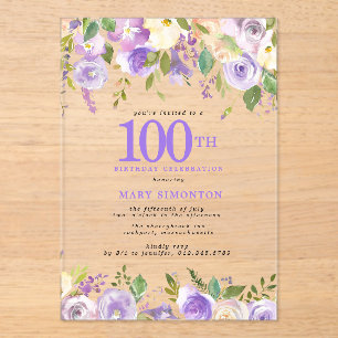 HELDERE ACRYLIC Paarse Bloemen 100ste Verjaardagsf Acryl Uitnodigingen