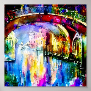 Heldere aquarel kunst van het kanaal van Venetië Poster