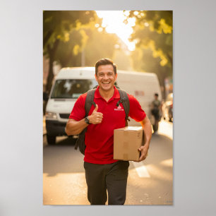 Heldere bezorgingsgeest bij zonsondergangposter poster