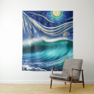 Heldere Blauwe Moon Waves Wandkleed