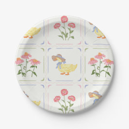 Heldere bloemen en eenden papieren bordje