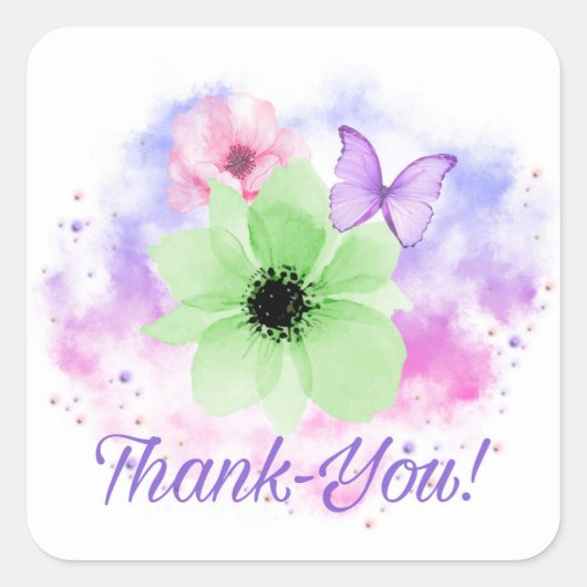 Heldere bloemen en vlinder, Waterverf achtergrond Vierkante Sticker (Voorkant)