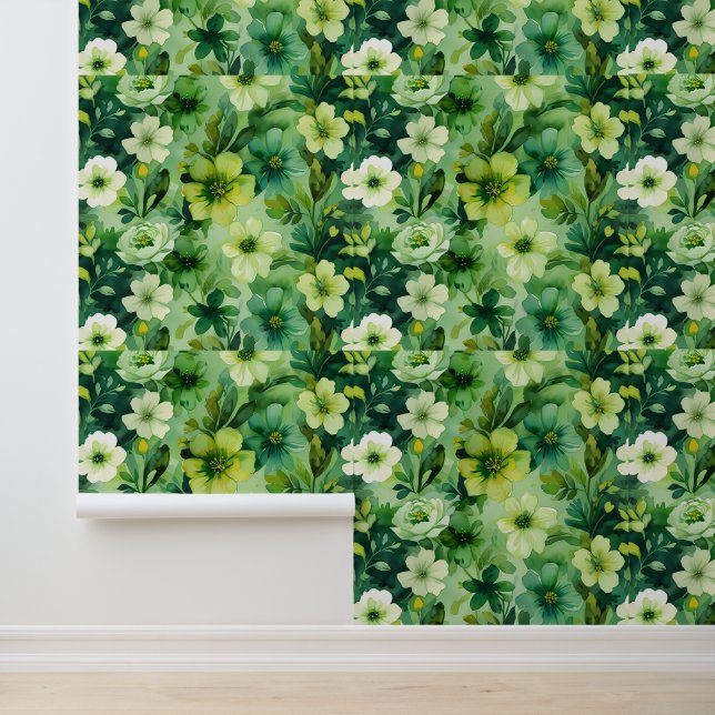 Heldere Botanische Groene Bloemschil en Stok Behang (Applicatie)