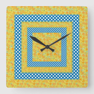 Heldere Daffodils, Jumbo White Polka Dots op Blauw Vierkante Klok
