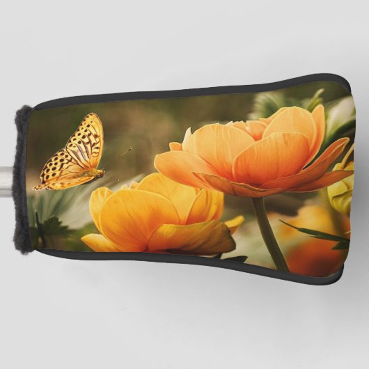 Heldere Deep Yellow Bloemen met Vlinder Golfheadcover (Voorkant)