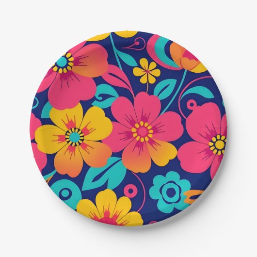 Heldere en gedurfde retro bloemen-dopamine stijl papieren bordje (Voorkant)