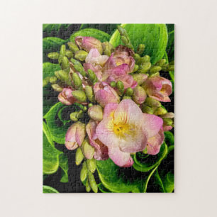Heldere en kleurrijke roze en groene bloemen legpuzzel