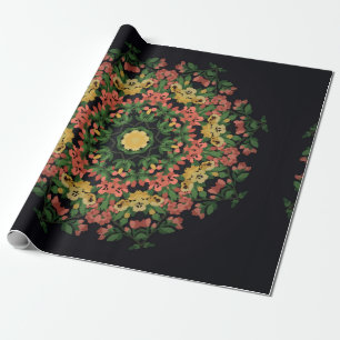 Heldere florale mandala met rode en gele bloemen. cadeaupapier