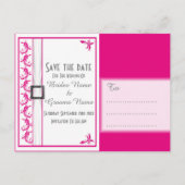 Heldere fuchsia roze witte kant bewaar de datum aankondigingskaart (Achterkant)