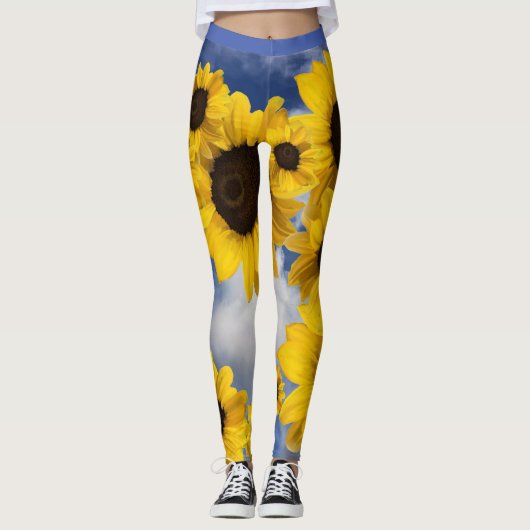 Heldere gele en blauwe zonnebloem hemel leggings (Voorkant)